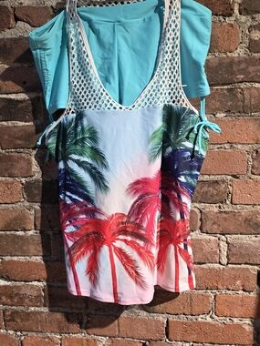 Rosegal Turquoise Mesh Palm Print Swim Suit with Red and Green Palms